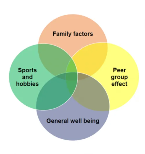 Four domains: Family Factors, Sports and Hobbies, Peer Group Effect, and General Well-Being